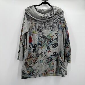 Parsley & Sage Tunic Sweatshirt Womens XL Gray Cowl Neck Abstract‎ Print Pockets